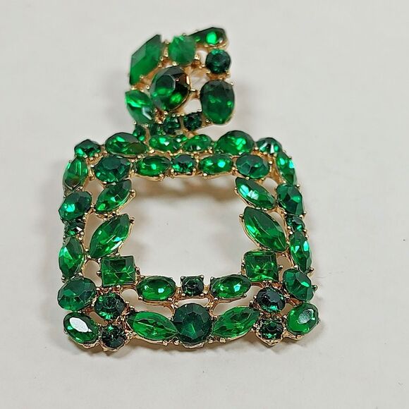 Gold Tone Metal Green Plastic Rhinestone Opulent Chandelier Earrings Square Drop - Picture 4 of 16
